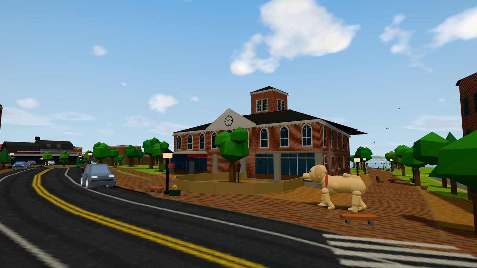 Scout walks across Market Square in front of the Market House in Newburyport