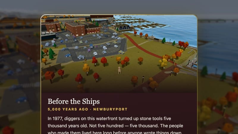 A story card, Before the Ships, opens at the place the student found