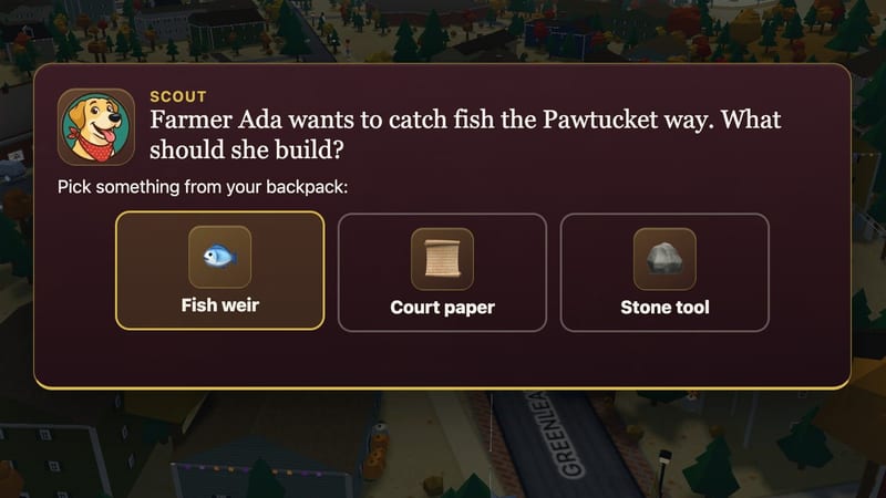 Farmer Ada asks for help, and the student picks the fish weir from the backpack