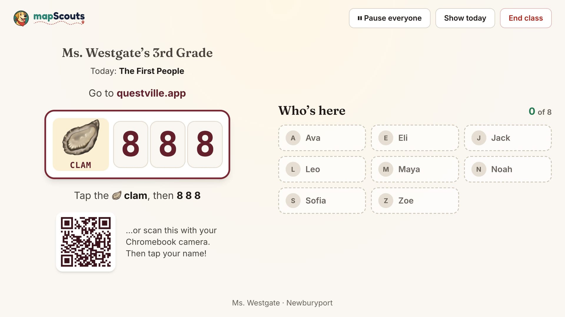 The projector board: a class animal, three numbers and the class list