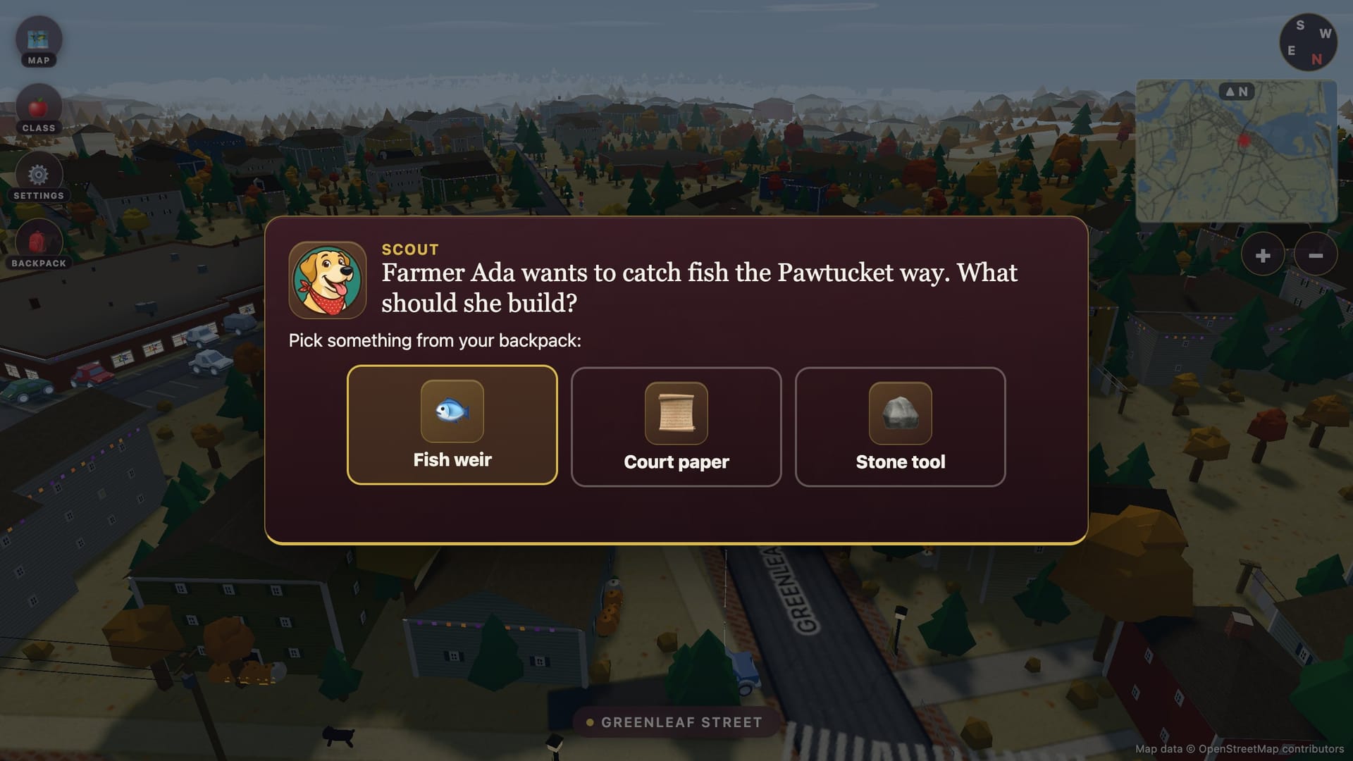 A townsperson asks for help and the student picks an item from their backpack